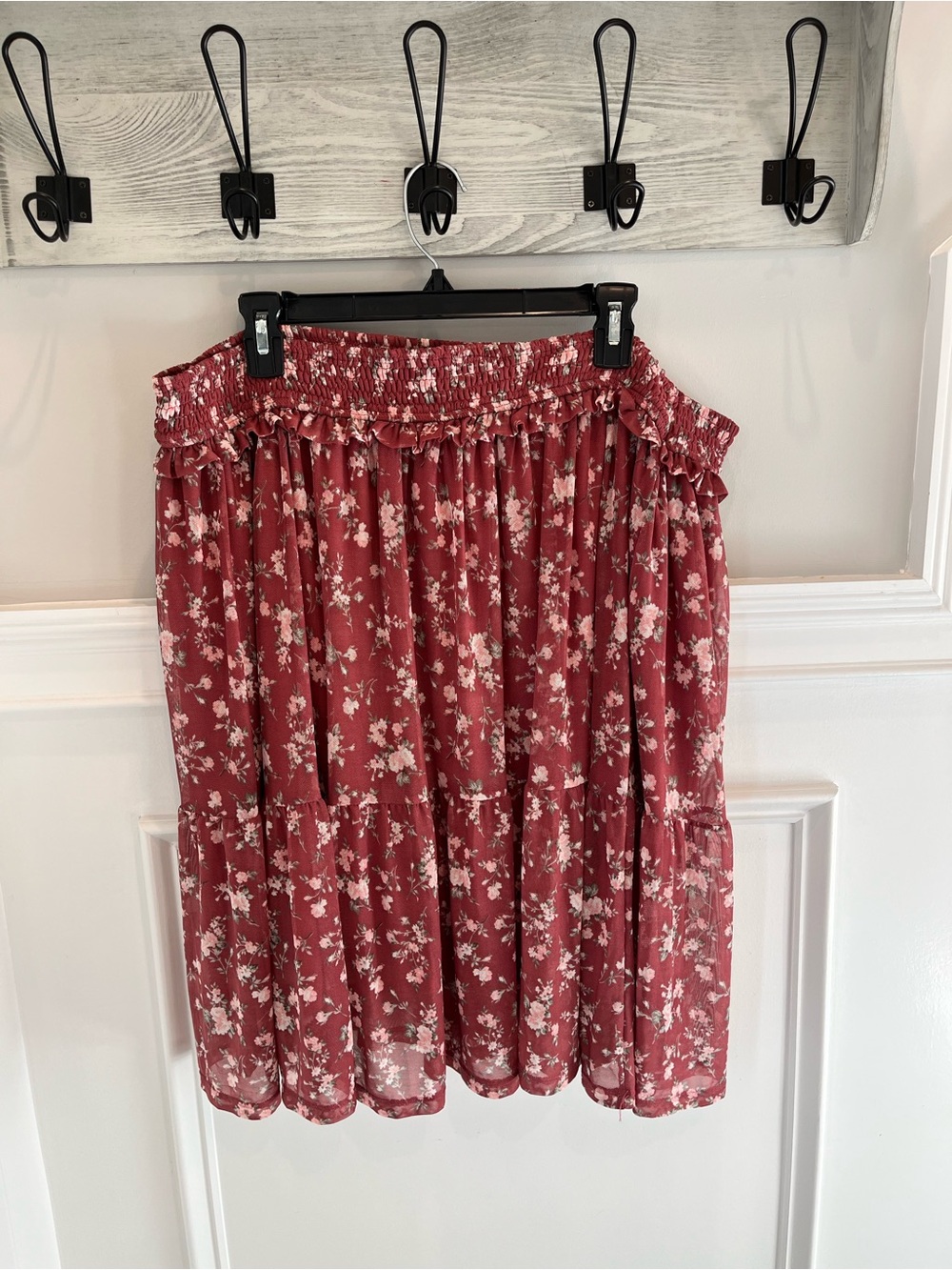 Floral Smocked Waist Red Midi Skirt